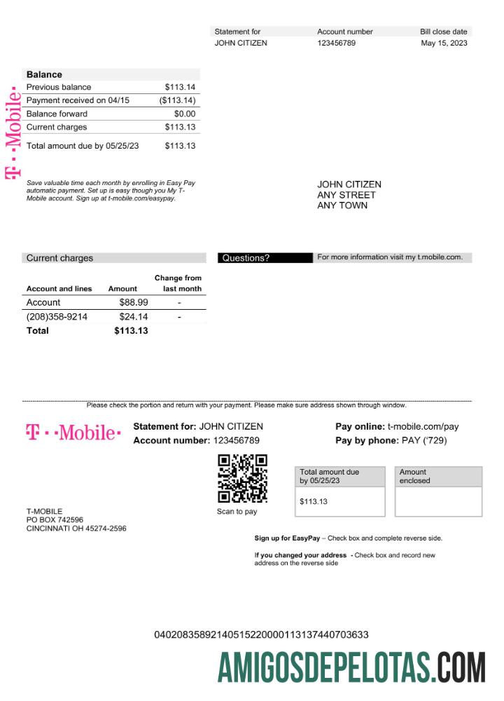 imprimível Modelo Word e PDF de fatura de serviços públicos móveis dos EUA (1)